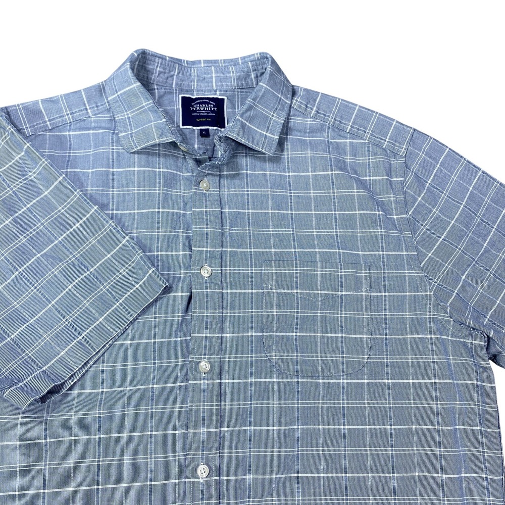 Charles Tyrwhitt Shirt Mens XL Blue Linen Blend Plaid Short Sleeve Button Up